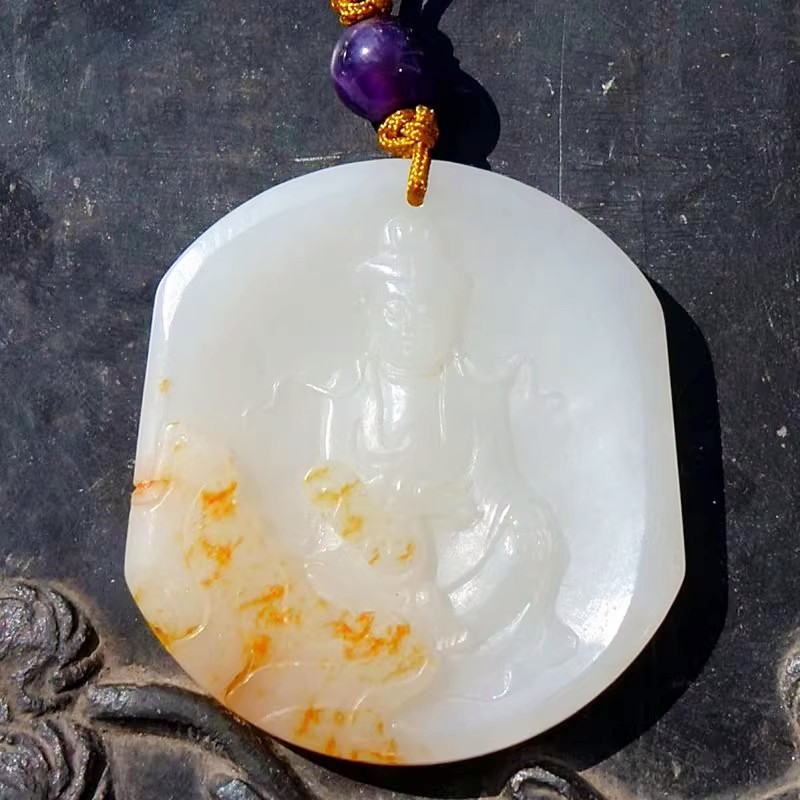 云=尖4947天然新疆和田玉羊脂白玉籽料观音牌子吊坠挂件手工雕刻