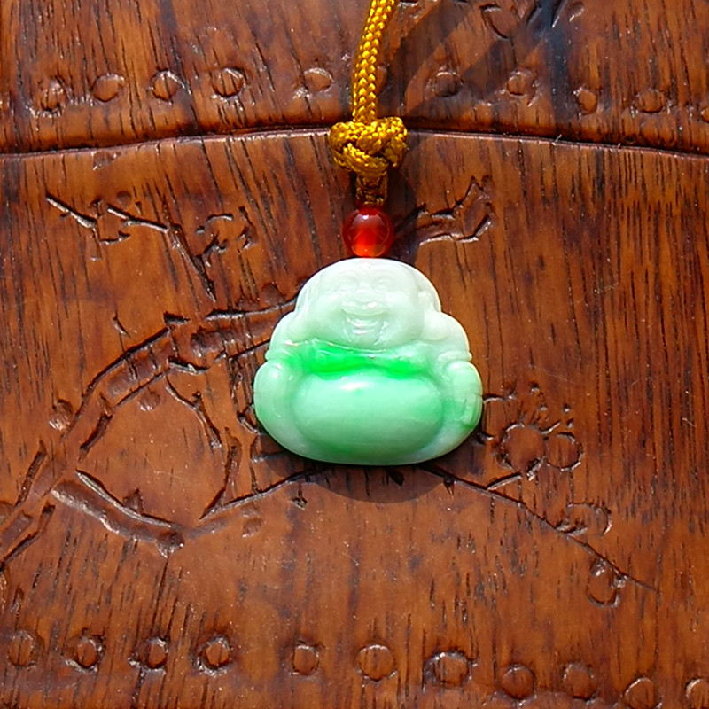 同=吟3619天然缅甸A货老坑翡翠弥勒佛公吊坠正阳绿冰糯种挂件证书