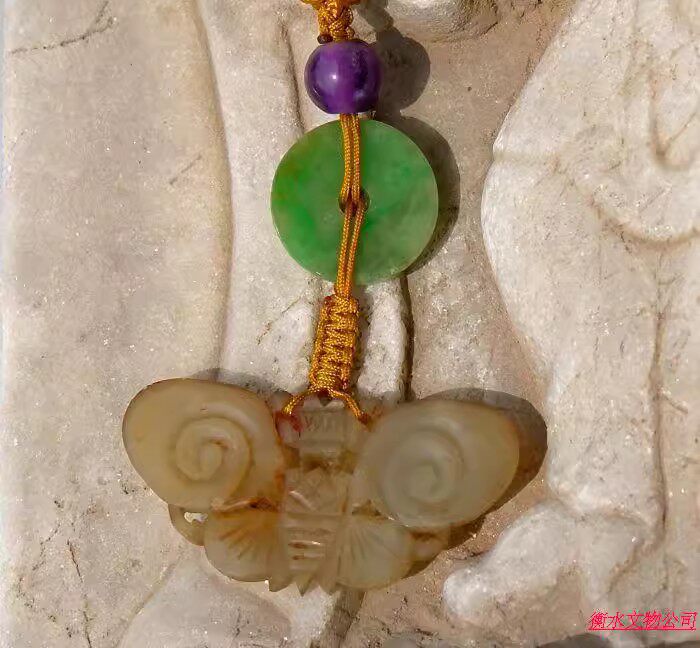 烟=芜9091天然A货缅甸老坑正阳绿翡翠平安扣明代老玉蝴蝶吊坠挂件