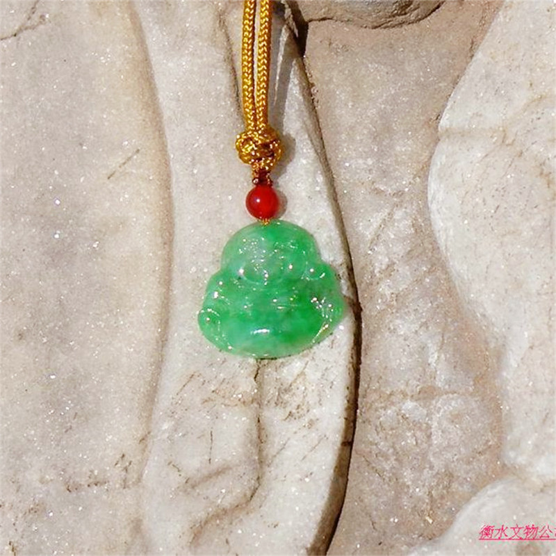 芳=心2510天然缅甸A货老坑翡翠吊坠正阳绿冰糯种弥勒佛公挂件证书