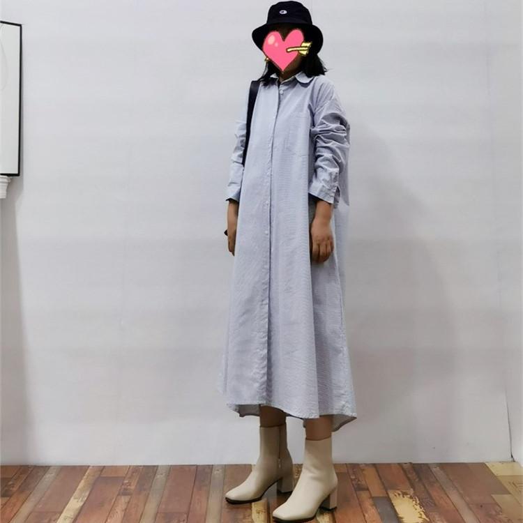 限时包邮!CK4B日单   棉麻竖细条纹超宽松长款衬衫连衣裙 有口袋