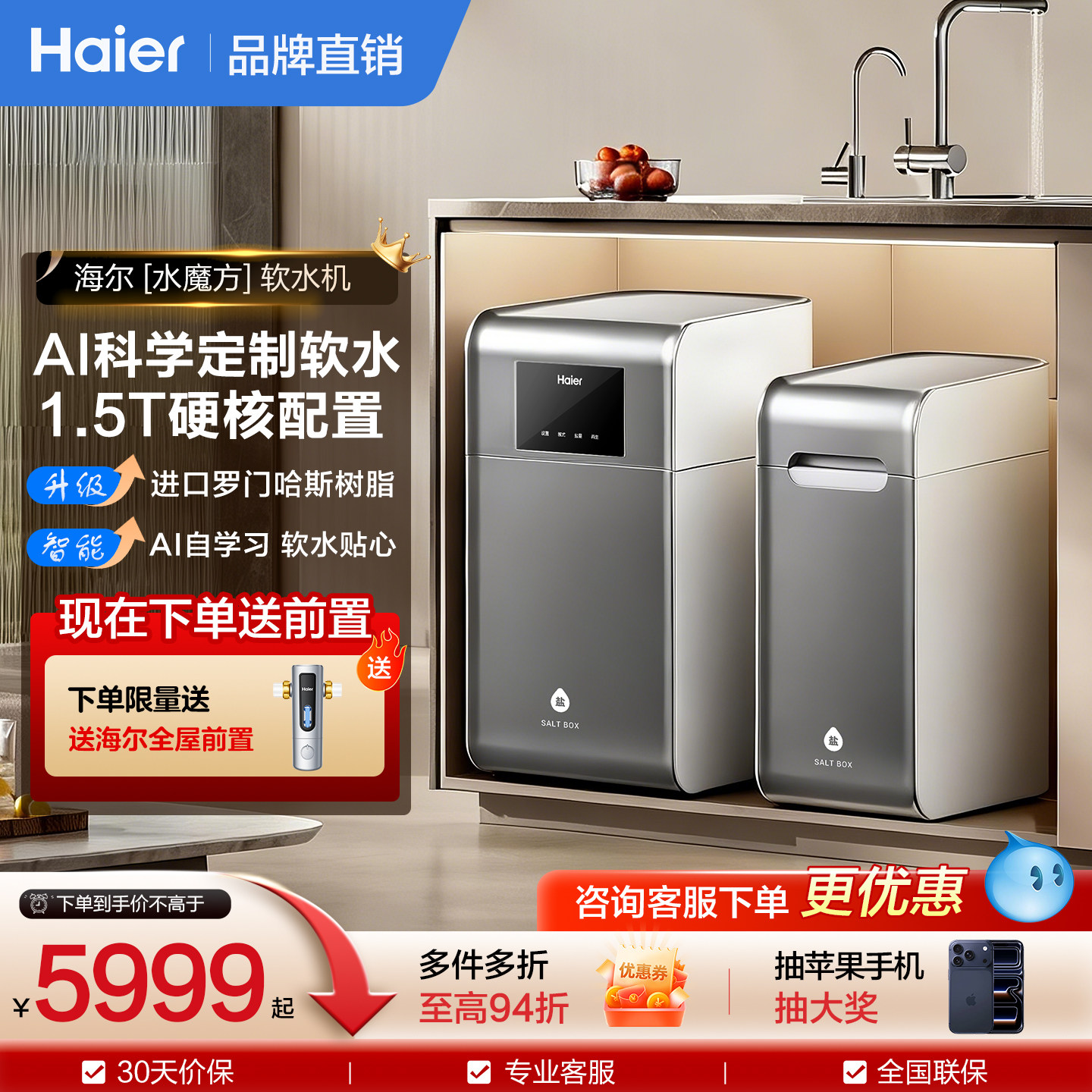 海尔1.5T双罐水魔方软水机小型