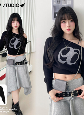 NEW 1/31｜韩系ason甜辣风灰黑色斜肩针织衫修身短款露肩长袖毛衣