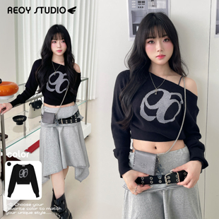 露肩长袖 31｜韩系ason甜辣风灰黑色斜肩针织衫 短款 毛衣 修身 NEW