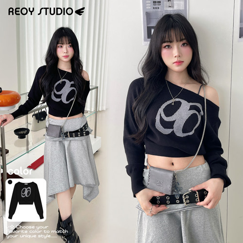 REOY Stu”韩系ason甜辣风灰黑色斜肩针织衫修身短款露肩长袖毛衣