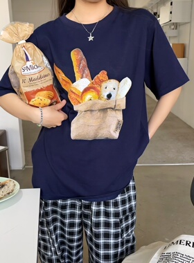 [REコンテナ] 美式复古法棍面包圆领T恤短袖女bf慵懒风宽松上衣