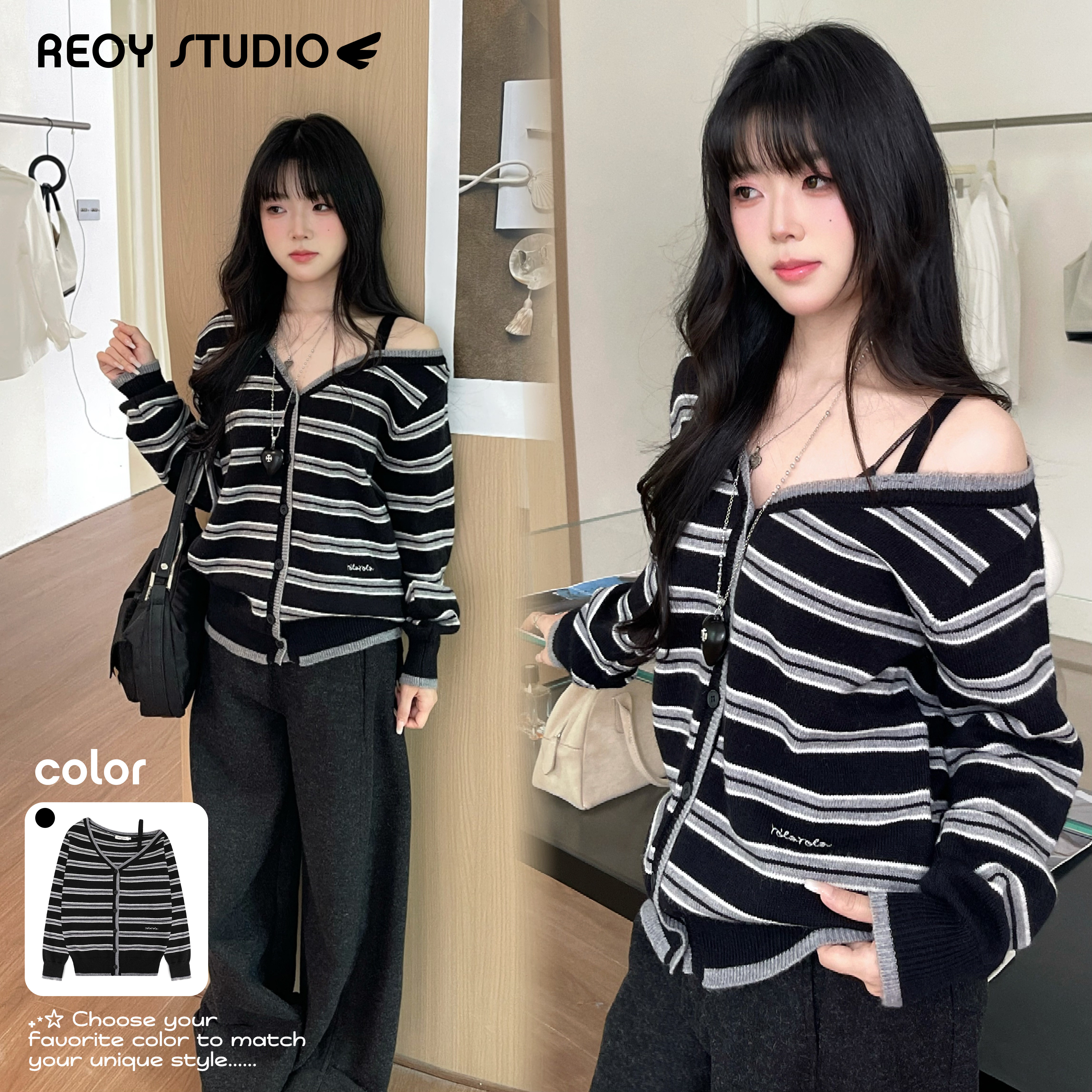 NEW 1/31｜张元英同款rolarola露肩V领针织开衫设计慵懒性感上衣