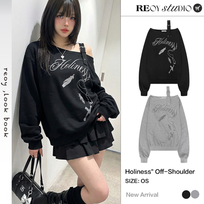 REOY Stu”韩版FANCY CLUB露肩绑带设计感不对称斜肩长袖卫衣女