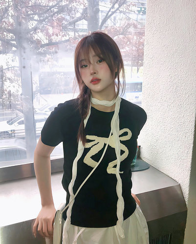 「5折%捡漏清仓」韩系甜美蝴蝶结针织衫半袖T恤修身辣妹显瘦上衣