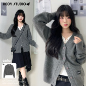 31｜韩系ason复古风深灰色V领纽扣外套保暖6%羊毛针织开衫 NEW