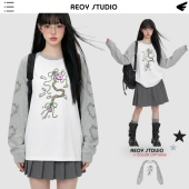 REOY T恤 爱心锁扣手绘韩系灰白插肩长袖 Stu Newjeans安宥真同款