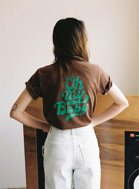 [REコンテナ] 韩版东大门复古ohmybaby咖啡色绿色字母ins短袖T恤