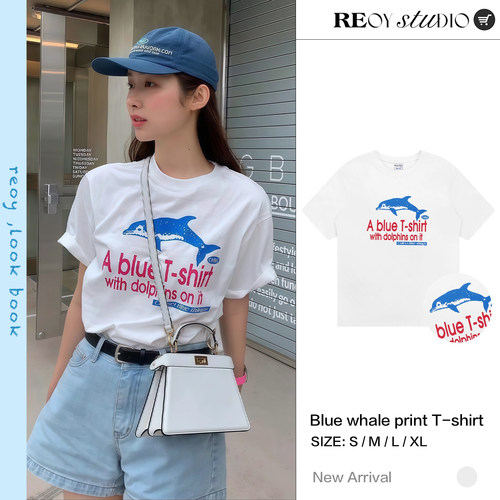 REOY STUDIO定制车静媛同款A biue蓝色海豚字母印花宽松短袖T恤