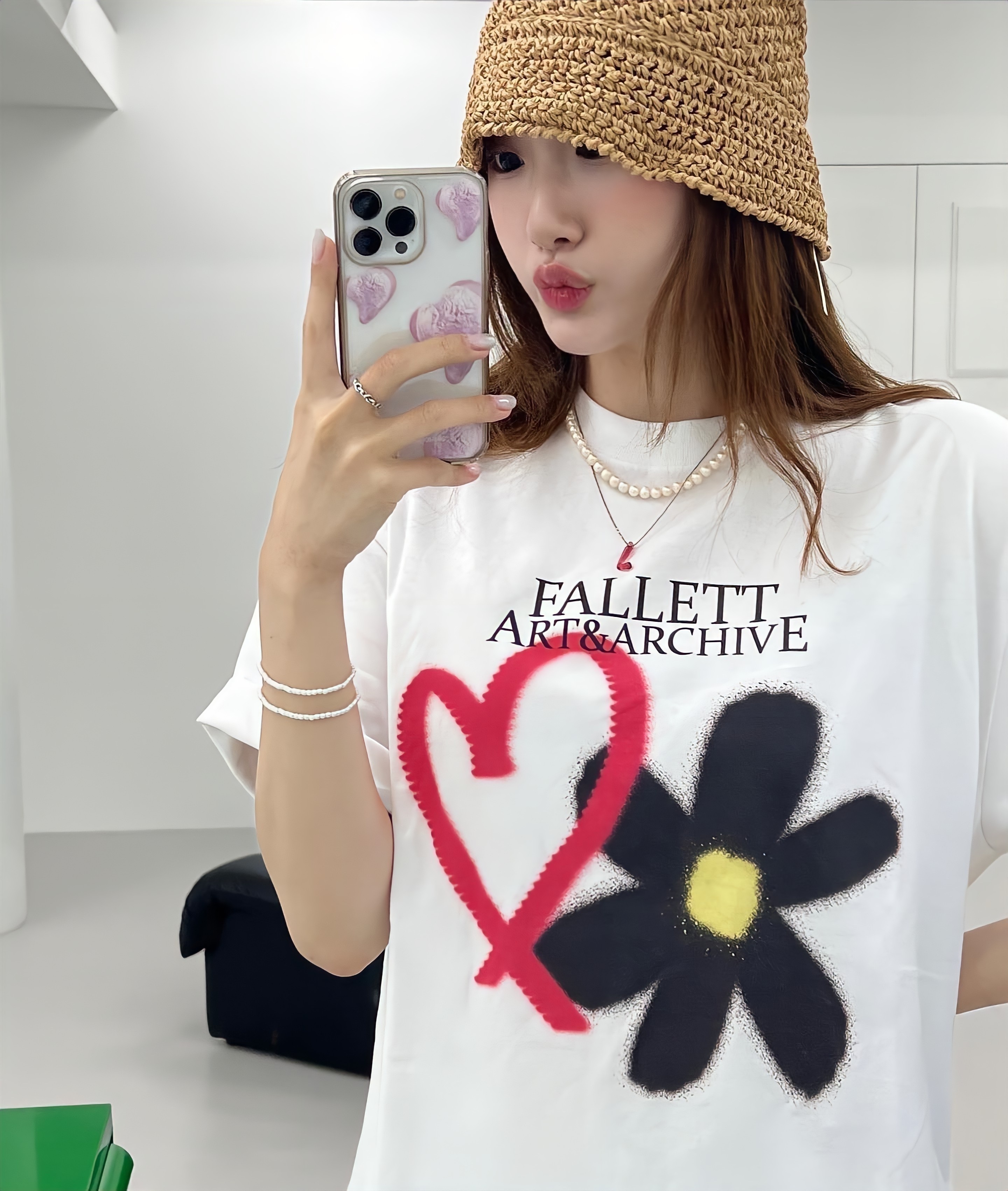 fallett韩系涂鸦花朵印花圆领T恤