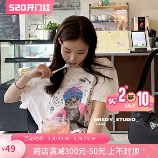 [REコンテナ] STAY SEOUL TSHIRT-logo搞怪猫咪复古涂鸦短袖T恤