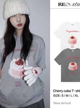 REOY STUDIO定制韩版甜美可爱樱桃奶油蛋糕印花休闲短袖T恤100%棉
