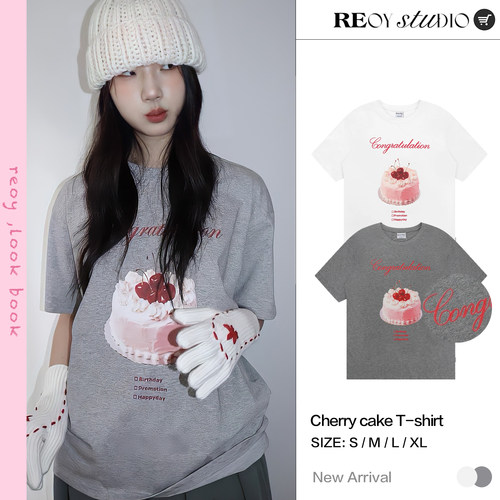 REOY STUDIO定制韩版甜美可爱樱桃奶油蛋糕印花休闲短袖T恤100%棉