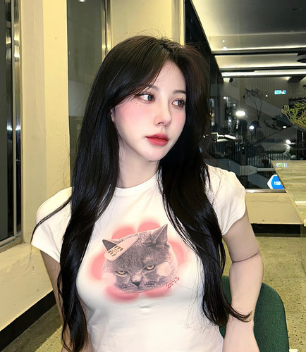 REOY Stu” 2613studio可爱发夹猫咪修身露脐短款圆领短袖T恤