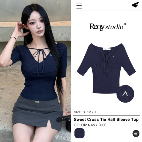 REOY Stu”韩系高智风V领低胸绑带针织衫中袖短款显瘦修身T恤女