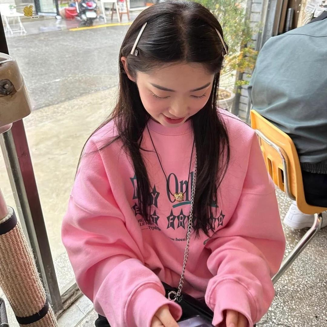 REOY STUDIO定制teket24ss新款复古美式粉色字母薄绒宽松圆领卫衣