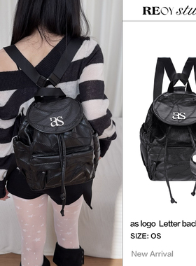 REOY Stu”ason韩版as金属标复古做旧机车软皮车缝线抽绳双肩包