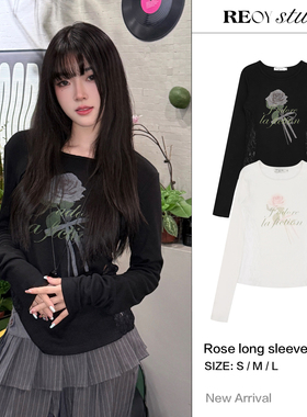 REOY Stu”韩系复古玫瑰图案蕾丝拼接修身显瘦长袖打底T恤女上衣