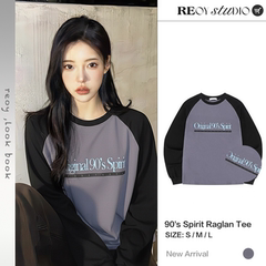 REOY STUDIO定制1993STUDIO复古美式插肩袖撞色字母休闲棉长袖T恤