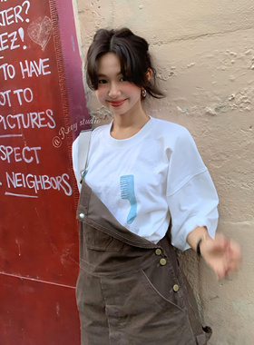 [REコンテナ] 韩国博主FEVER同款蓝色梳子印花白色圆领短袖T恤