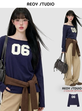 REOY Stu”aespa金玟庭同款06号数字印花大领口露肩慵懒长袖T恤