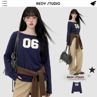 06号数字印花大领口露肩慵懒长袖 aespa金玟庭同款 T恤 Stu REOY