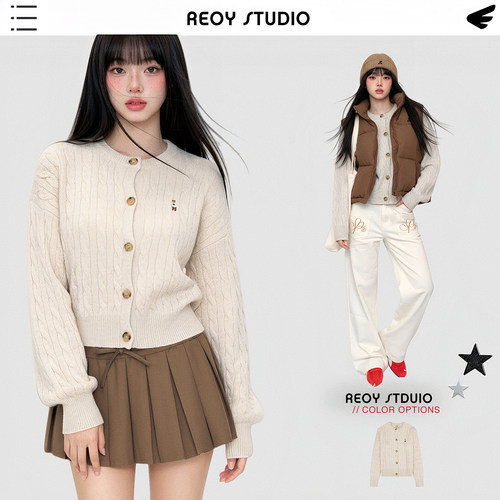 REOY”韩代who*u 6%羊毛 软糯厚实复古小熊刺绣麻花针织毛衣外套