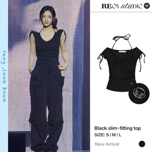 Stu 短袖 宁艺卓同款 挂脖抽绳系带修身 背心T恤 复古泡泡袖 REOY