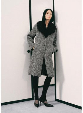 西班牙欧洲正品代购 MANGO 女士  大理石纹皮草领大衣 17048293