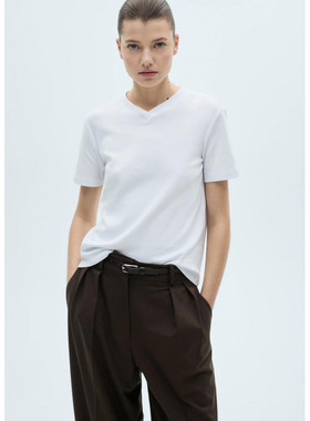 西班牙欧洲正品代购 MANGO 女士 V领素色棉质T恤  87034079