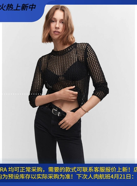 西班牙欧洲正品代购 MANGO 女士 网眼金银线黑色毛衣 57030255