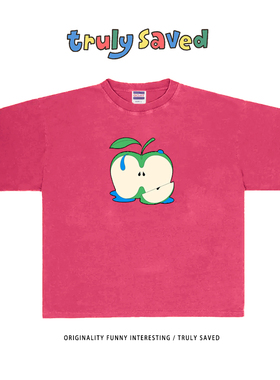 250G重磅纯棉！绿色苹果小众艺术家插画短袖T恤男女同款百搭体恤