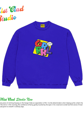 Hiphop高街百搭创意英文印花宝蓝色圆领卫衣美式复古重磅纯棉外套