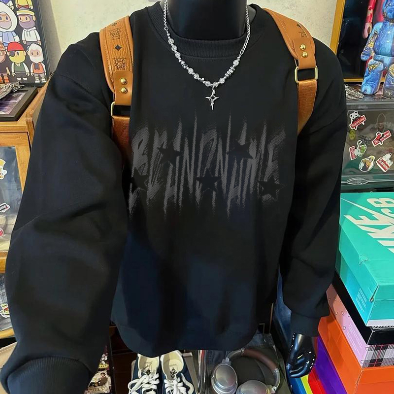 美式复古潮牌字母印花圆领卫衣男黑色宽松百搭高级感长袖上衣秋冬