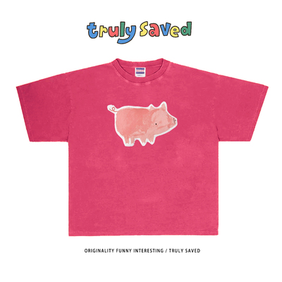 250克重磅纯棉！粉色猪猪童趣学生慵懒风短袖T恤小众潮牌宽松半袖