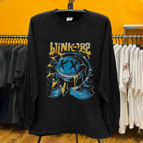欧美朋克古着 Blink182乐队世界巡演双面卡通涂鸦笑脸印花长袖T恤