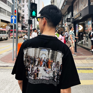 棉 T恤男油画风vintage直喷印花宽松潮牌半袖 美式 复古高街嘻哈短袖