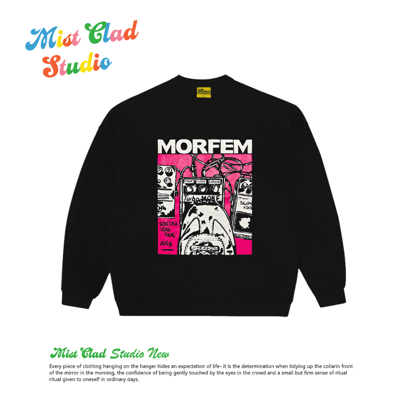 Hiphop高街百搭创意插画小众涂鸦设计 oversize趣味黑色圆领卫衣