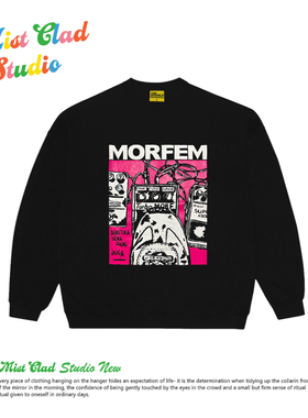 Hiphop高街百搭创意插画小众涂鸦设计 oversize趣味黑色圆领卫衣