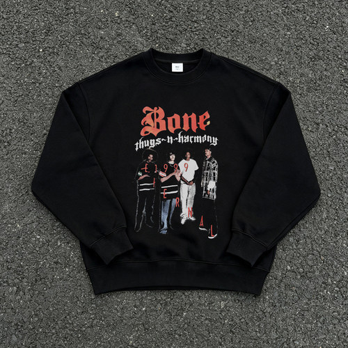 美式复古Bone Thugs N Harmony黑帮说唱人像圆领连帽卫衣时尚潮酷