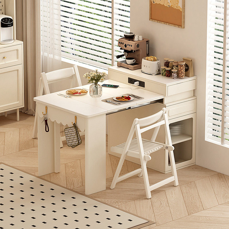 复古风岩板岛台餐桌可伸缩一体厨房家用小户型储物收纳长方形饭桌