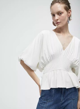 西班牙代购Sfera 极简风V领收腰衬衫女白色泡泡袖压褶小衫上衣