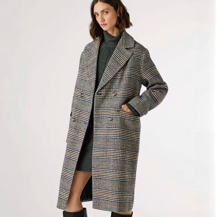 代购女士千鸟格羊毛混纺呢大衣