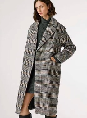 西班牙代购el corte ingles 女士千鸟格羊毛混纺呢大衣