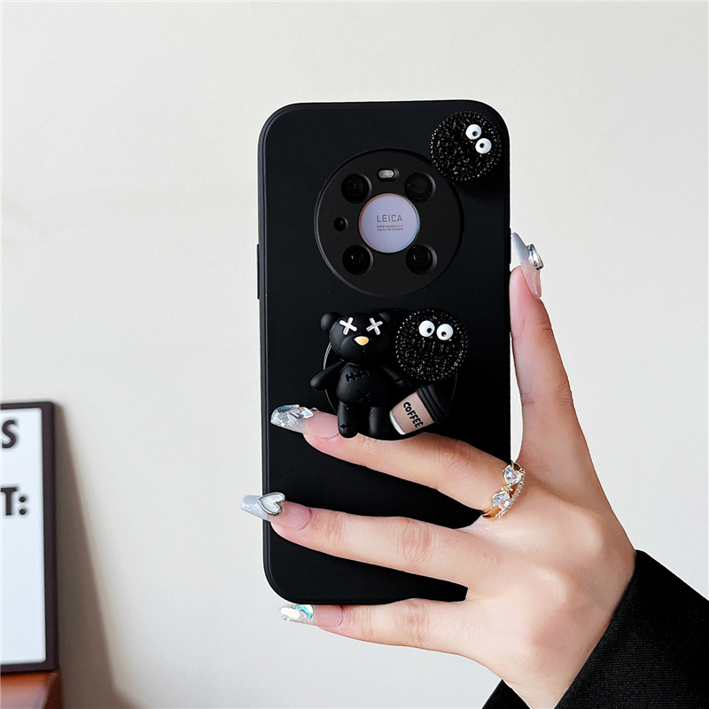 黑色小熊旋转饼干60适用华为mate70pro50手机壳pura80可爱立体气囊支架nova13/14硅胶荣耀400创意小众200防摔