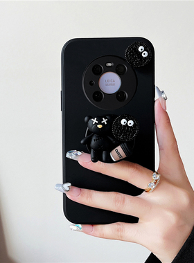 黑色小熊旋转饼干60适用华为mate70pro50手机壳pura80可爱立体气囊支架nova13/14硅胶荣耀400创意小众200防摔